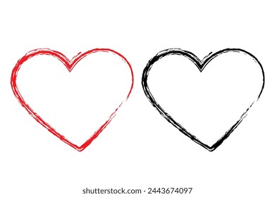 Black and red heart shape of chalk brush stroke. Love holidays greetings design concept. Set of 2