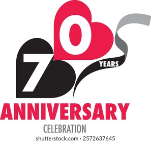 black and red heart shape number 70 white color and word years white color on black ribbon and word anniversary celebration are at the bottom.
