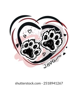 Símbolo de amor de forma de coração vermelho preto, gato de estimação ou pegada de cachorro .Marca de pata de gatinho de gato doggy silhueta desenho sign.Puppy footstep trail icon .T shirt print design.Sticker.Tattoo.Plotter corte a laser. FAZER