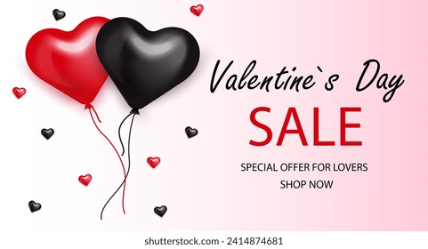 Black and red heart. Valentines day sale card. Shop Concept. Vector illustration for card, party, design, flyer, poster, decor, banner, web, advertising.