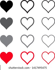Black and red heart vector set. Love icons isolated on white background. Collection of flat heart icons for love symbol, icon shape, greeting card and Valentine's day. Vector illustration concept