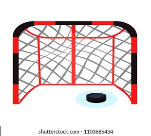 Black, Red Hockey Gate On Ice With Puck. Modern Flat Cartoons Style Vector Illustration Icons. Isolated On White Background. Hockey Arena. Hockey Game Concept. Goal. Sport Equipments, Tool Accessories