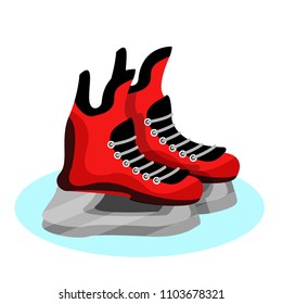 Black, red hockey skates on ice. 
Modern flat cartoons style vector illustration icons. Isolated on white background. Hockey gear. Hockey equipments. Sport tools. Winter holidays