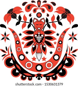 Black and red illustration with Fox and flowers