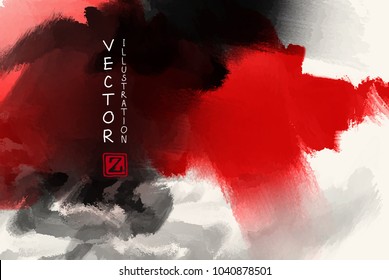 Black red ink brush stroke on white background. Japanese style. Vector illustration of grunge wave stains.Vector brushes illustration.