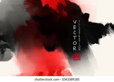 Black red ink brush stroke on white background. Japanese style. Vector illustration of grunge wave stains.Vector brushes illustration.