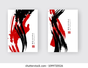 Black and red ink brush stroke on white background. Japanese style. Vector illustration of grunge stains