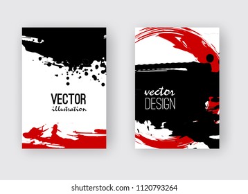 Black and red ink brush stroke on white background. Japanese style. Vector illustration of grunge stains
