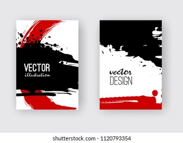 Black and red ink brush stroke on white background. Japanese style. Vector illustration of grunge stains