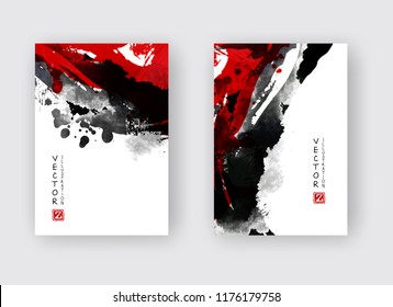 Black and red ink brush stroke on white background. Japanese style. Vector illustration of grunge stains