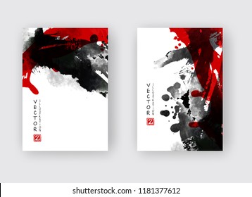 Black and red ink brush stroke on white background. Japanese style. Vector illustration of grunge stains