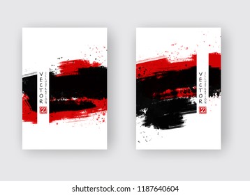 Black and red ink brush stroke on white background. Japanese style. Vector illustration of grunge stains
