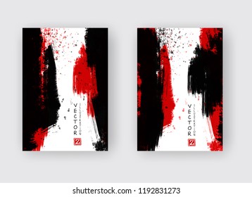 Black and red ink brush stroke on white background. Japanese style. Vector illustration of grunge stains