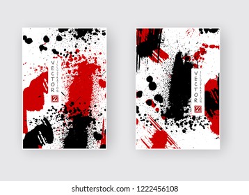 Black red ink brush stroke on white background. Japanese style. Vector illustration of grunge wave stains.Vector brushes illustration.