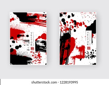 Black red ink brush stroke on white background. Japanese style. Vector illustration of grunge wave stains.Vector brushes illustration.