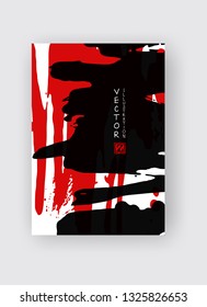 Black and red ink brush stroke on white background. Japanese style. Vector illustration of grunge stains