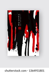 Black and red ink brush stroke on white background. Japanese style. Vector illustration of grunge stains