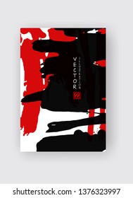 Black and red ink brush stroke on white background. Japanese style. Vector illustration of grunge stains