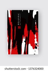 Black and red ink brush stroke on white background. Japanese style. Vector illustration of grunge stains