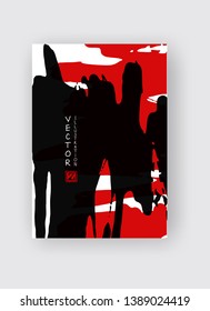 Black and red ink brush stroke on white background. Japanese style. Vector illustration of grunge stains