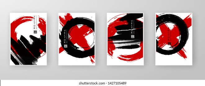 Pincel rojo negro sobre fondo blanco. Al estilo japonés. Ilustración vectorial de las manchas de onda de grano.Vector pinza la ilustración.