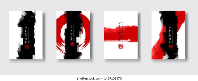 Black red ink brush stroke on white background. Japanese style. Vector illustration of grunge wave stains.Vector brushes illustration.