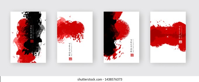 Black red ink brush stroke on white background. Japanese style. Vector illustration of grunge wave stains.Vector brushes illustration.