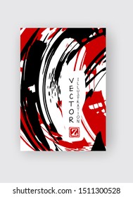Black and red ink brush stroke on white background. Japanese style. Vector illustration of grunge stains