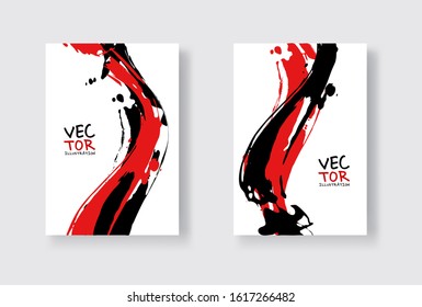 Black red ink brush stroke on white background. Japanese style. Vector illustration of grunge wave stains.Vector brushes illustration.