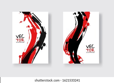 Black red ink brush stroke on white background. Japanese style. Vector illustration of grunge wave stains.Vector brushes illustration.