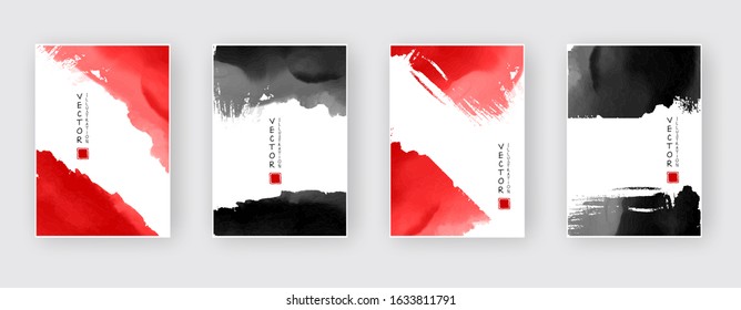 Black red ink brush stroke on white background. Japanese style. Vector illustration of grunge wave stains.Vector brushes illustration.