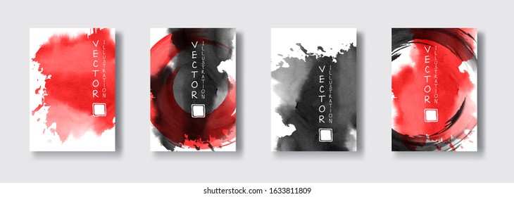 Black red ink brush stroke on white background. Japanese style. Vector illustration of grunge wave stains.Vector brushes illustration.