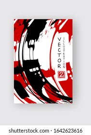 Black and red ink brush stroke on white background. Japanese style. Vector illustration of grunge stains