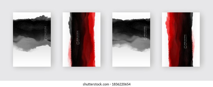 Black and red ink brush stroke set on white background. Japanese style. Vector illustration of grunge circle stains