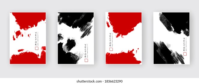 Black and red ink brush stroke set on white background. Japanese style. Vector illustration of grunge circle stains