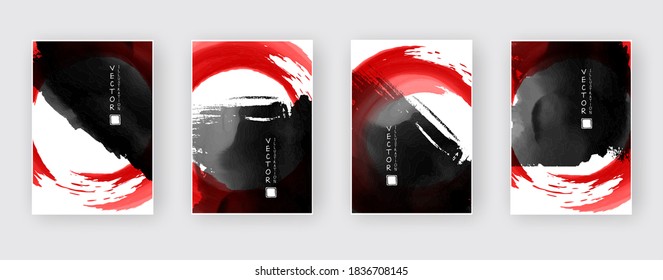 Black and red ink brush stroke set on white background. Japanese style. Vector illustration of grunge circle stains