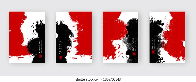 Black and red ink brush stroke set on white background. Japanese style. Vector illustration of grunge circle stains