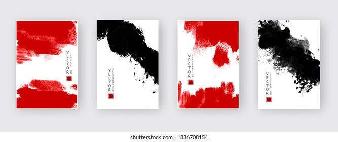 Black and red ink brush stroke set on white background. Japanese style. Vector illustration of grunge circle stains