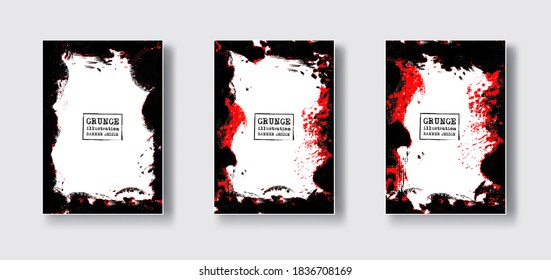 El trazo de pincel de tinta negra y roja se fija sobre fondo blanco. Estilo japonés. Ilustración vectorial de las manchas de círculo de grunge