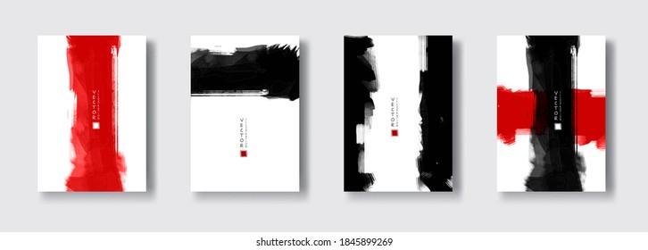 Black and red ink brush stroke set on white background. Japanese style. Vector illustration of grunge circle stains