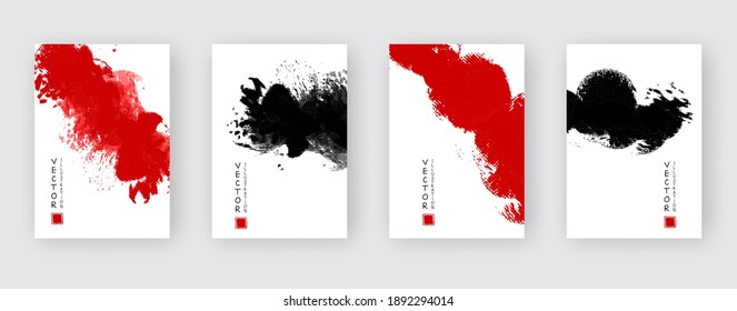 Black and red ink brush stroke set on white background. Japanese style. Vector illustration of grunge circle stains