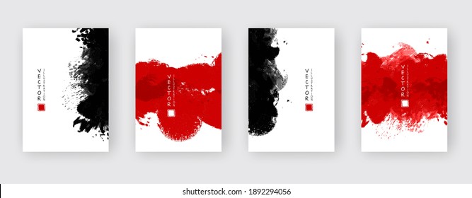 Black and red ink brush stroke set on white background. Japanese style. Vector illustration of grunge circle stains