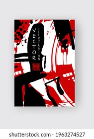 Pincel de tinta negra y roja sobre fondo blanco. Estilo japonés. Ilustración vectorial de manchas de grano