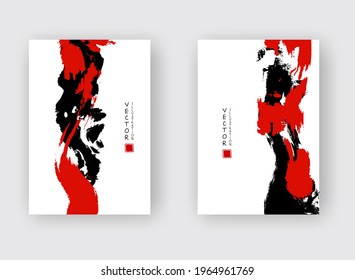 Black red ink brush stroke on white background. Japanese style. Vector illustration of grunge wave stains.Vector brushes illustration.