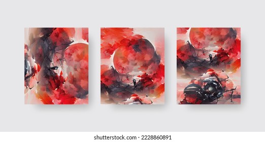 Black red ink brush stroke backgrounds set. Japanese style. Vector illustration of grunge abstract stains.Vector brushes illustration.