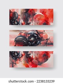 Black red ink brush stroke backgrounds set. Japanese style. Vector illustration of grunge abstract stains.Vector brushes illustration.