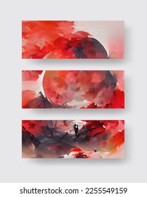 Montaje de fondo de pincel rojo negro de tinta roja. Estilo japonés. Ilustración vectorial de manchas abstractas de grano.Ilustración de pinceles vectoriales.