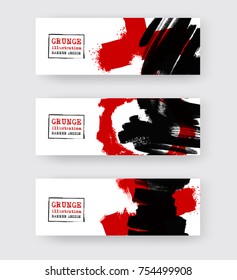 Black red ink brush stroke on white background. Japanese style. Vector illustration of grunge circle stains
