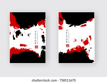 Black red ink brush stroke on white background. Japanese style. Vector illustration of grunge wave stains.Vector brushes illustration.