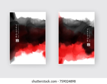 Pincel rojo negro sobre fondo blanco. Al estilo japonés. Ilustración vectorial de las manchas de onda de grano.Vector pinza la ilustración.